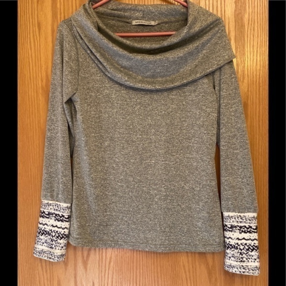 EUC-MissLook Foldover Grey Cowl-Neck Long Sleeve Shirt